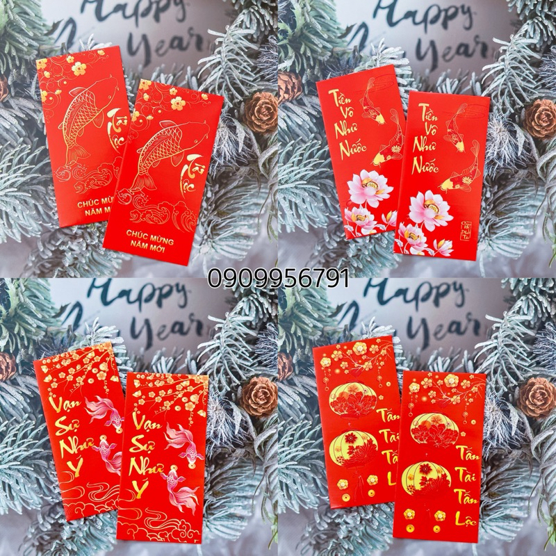 Xấp 10 Bao Lì Xì Đỏ Tết Loại 1 Nhiều Mẫu, Giấy C150 Bóng Đẹp