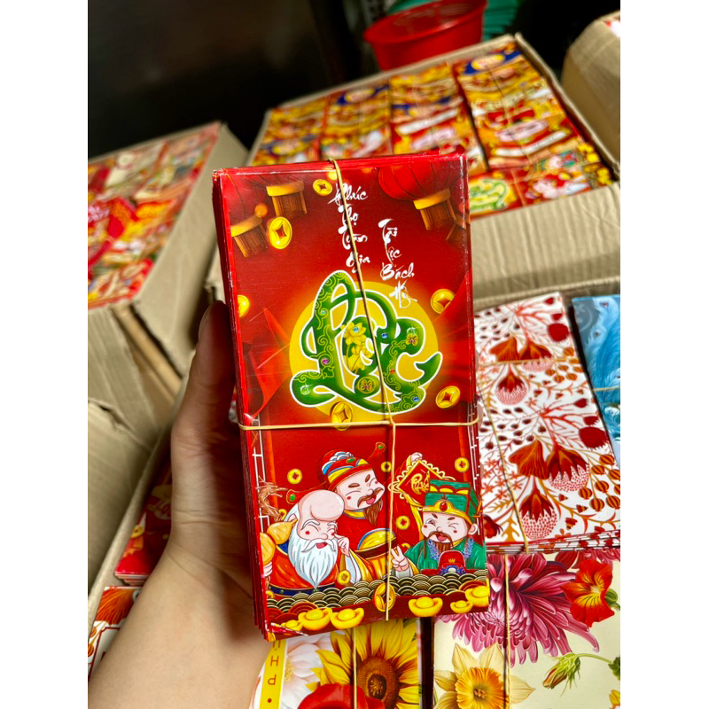 Xấp 10 Bao Lì Xì Đỏ Tết Loại 1 Nhiều Mẫu, Giấy C150 Bóng Đẹp