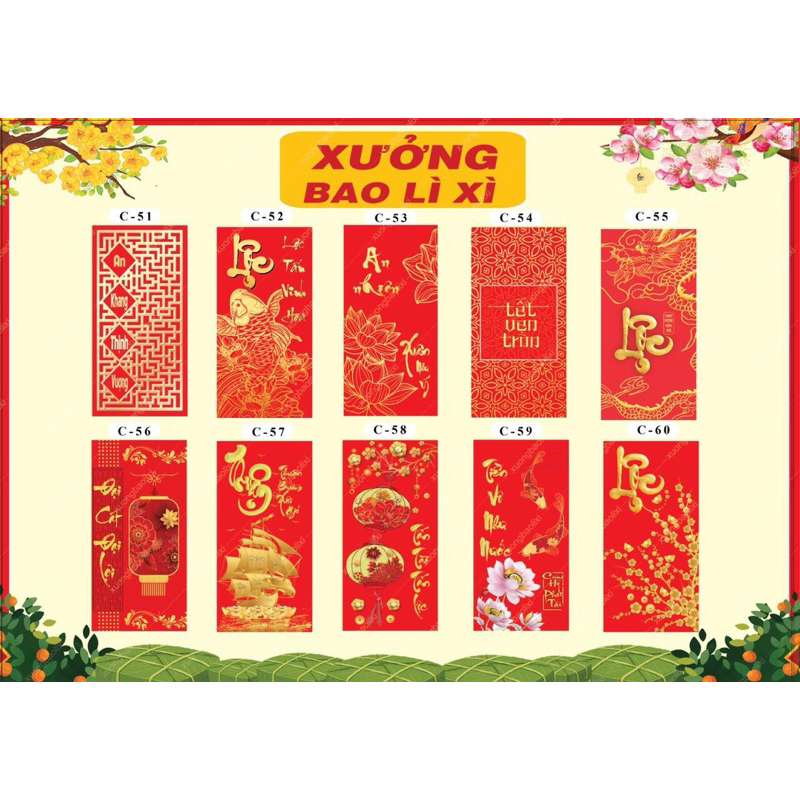 Xấp 10 Bao Lì Xì Đỏ Tết Loại 1 Nhiều Mẫu, Giấy C150 Bóng Đẹp