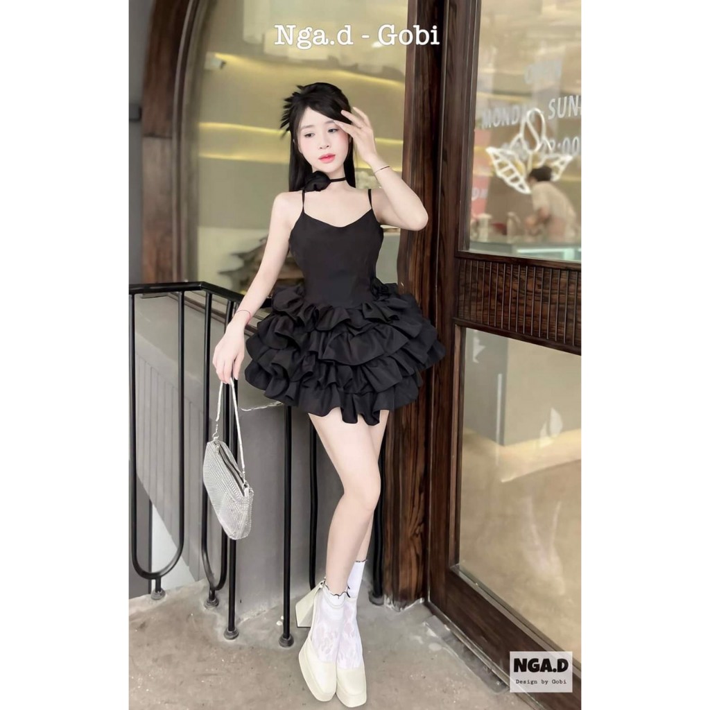 Đầm tapa tầng xòe 2 dây bông cổ