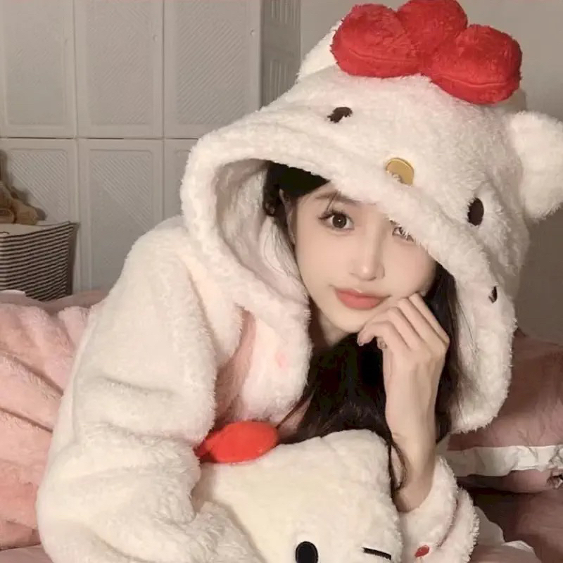 Váy ngủ bông mèo Hello Kitti hồng phối trắng túi mũ đính nơ siêu dễ thương phù hợp cho các bạn teen mẫu mới 2023