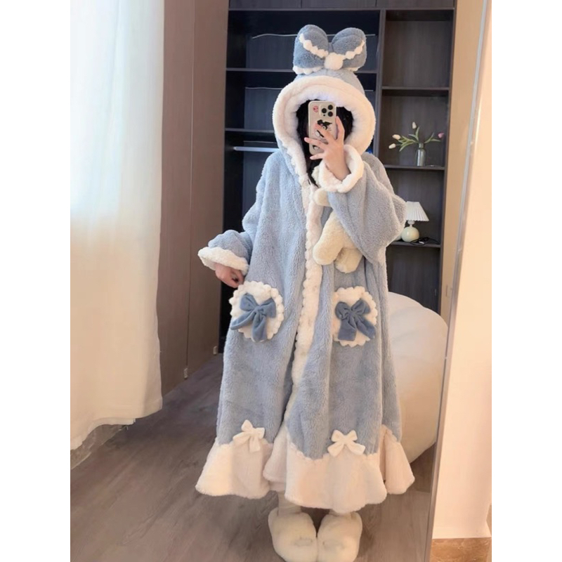 Váy ngủ bông xanh tiêu thư mũ nơ to siêu xanh phong cách nhẹ nhàng cho nữ chất lông mềm mịn siêu mướt mẫu mới 2023