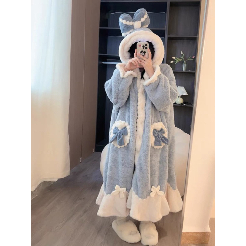 Váy ngủ bông xanh tiêu thư mũ nơ to siêu xanh phong cách nhẹ nhàng cho nữ chất lông mềm mịn siêu mướt mẫu mới 2023