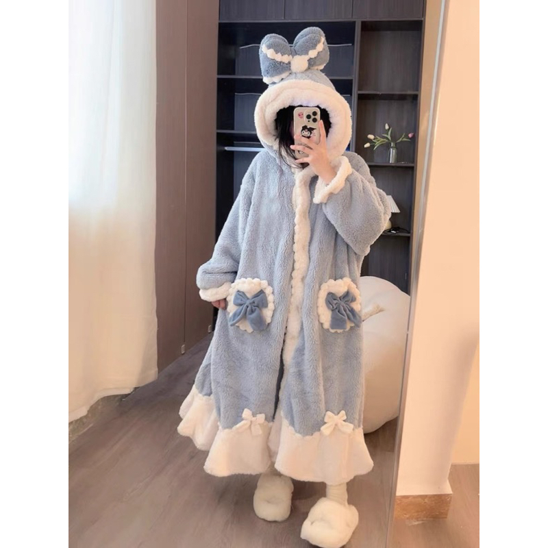 Váy ngủ bông xanh tiêu thư mũ nơ to siêu xanh phong cách nhẹ nhàng cho nữ chất lông mềm mịn siêu mướt mẫu mới 2023