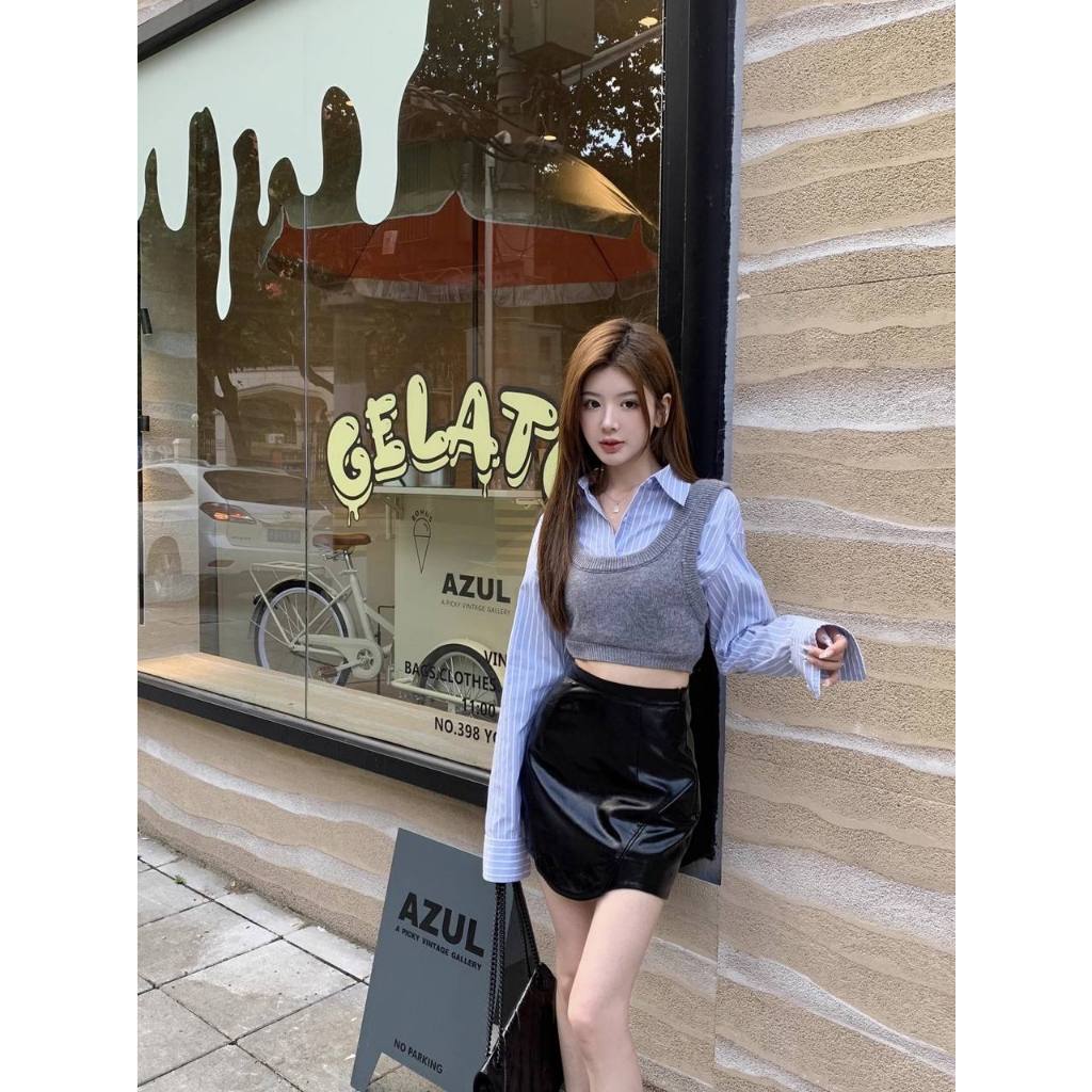 Set Đồ Nữ Áo Len Croptop Không Tay Áo Gile Len Màu Xám, Áo Sơ Mi Croptop Dài Tay Kẻ Sọc Set Áo Kiểu Hàn Quốc SD690