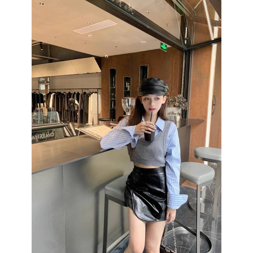 Set Đồ Nữ Áo Len Croptop Không Tay Áo Gile Len Màu Xám, Áo Sơ Mi Croptop Dài Tay Kẻ Sọc Set Áo Kiểu Hàn Quốc SD690