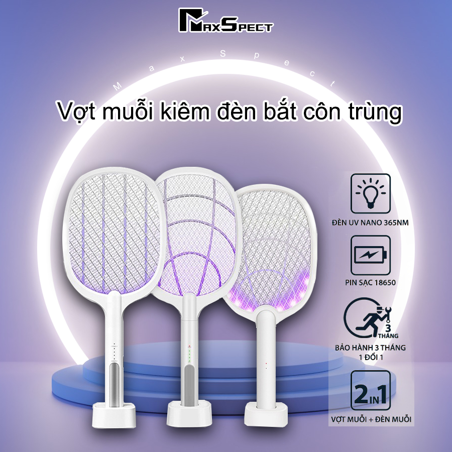 Vợt Muỗi kiêm Đèn Bắt Muỗi 2 trong 1 Pin sạc MaxSpect máy bắt muỗi sử dụng đèn uv - Bảo hành 12 tháng  VM01