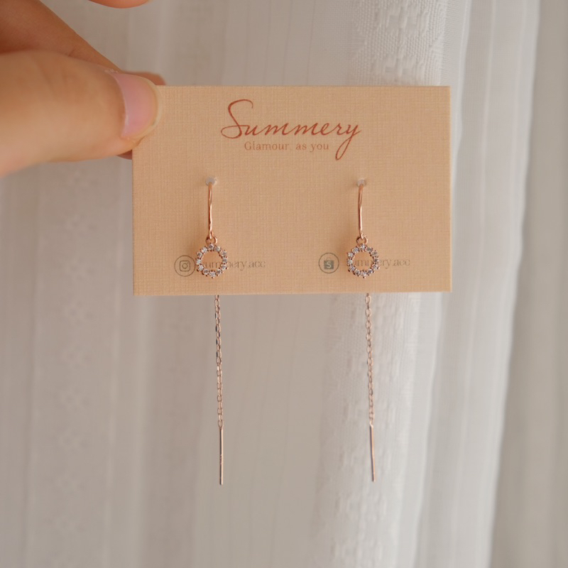 Khuyên tai bạc 925 SUMMERY tròn đính đá dáng dài bông tai S925 mạ vàng hồng