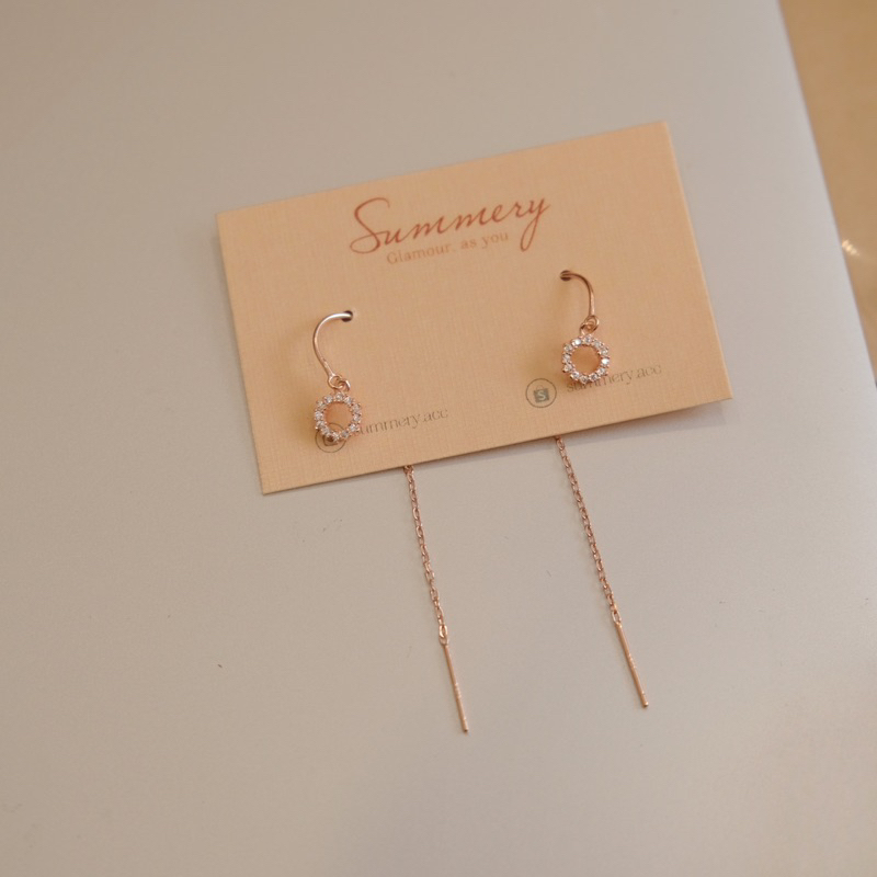 Khuyên tai bạc 925 SUMMERY tròn đính đá dáng dài bông tai S925 mạ vàng hồng