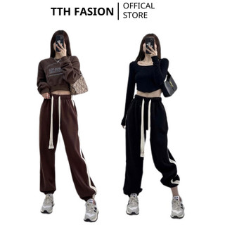 Quần jogger nỉ tăm nữ phối sọc dệt cao cấp, Quần jogger nữ boom gấu nỉ tăm mịn, Quần thể thao bo cá tính