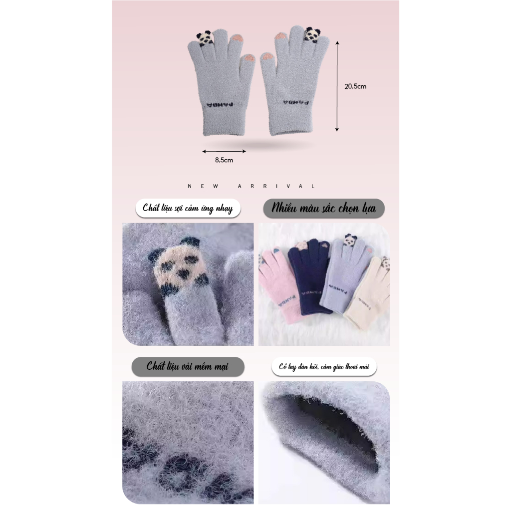 Găng Tay Len PanDa Dễ Thương JG08 Jussy Official Găng Tay Giữ Ấm Chống Gió Lạnh Thiết Kế Ngón Tay Cảm Ứng Chất Len Dày