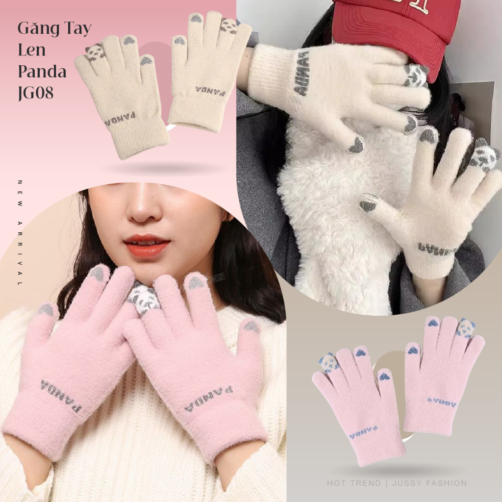 Găng Tay Len PanDa Dễ Thương JG08 Jussy Official Găng Tay Giữ Ấm Chống Gió Lạnh Thiết Kế Ngón Tay Cảm Ứng Chất Len Dày