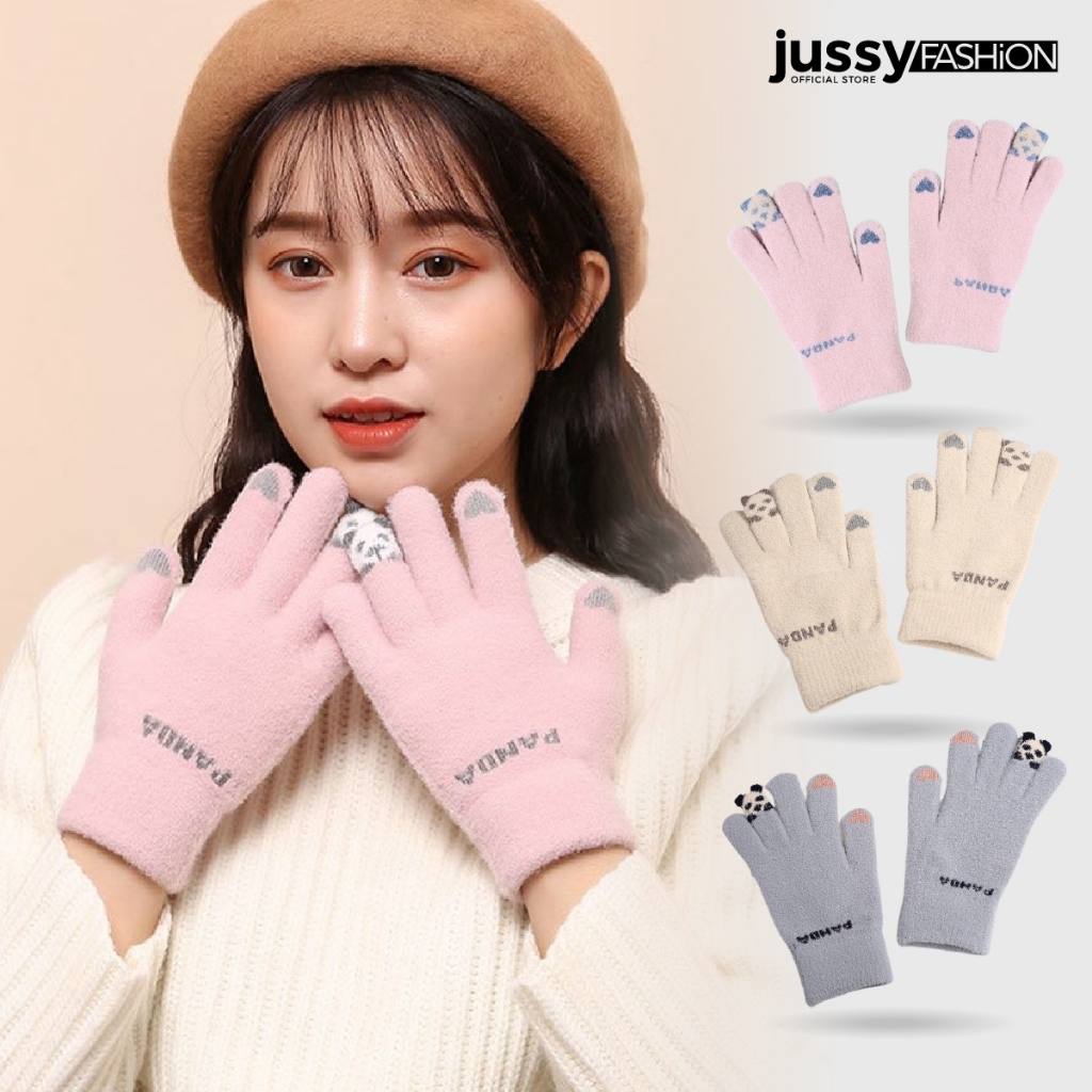 Găng Tay Len PanDa Dễ Thương JG08 Jussy Official Găng Tay Giữ Ấm Chống Gió Lạnh Thiết Kế Ngón Tay Cảm Ứng Chất Len Dày