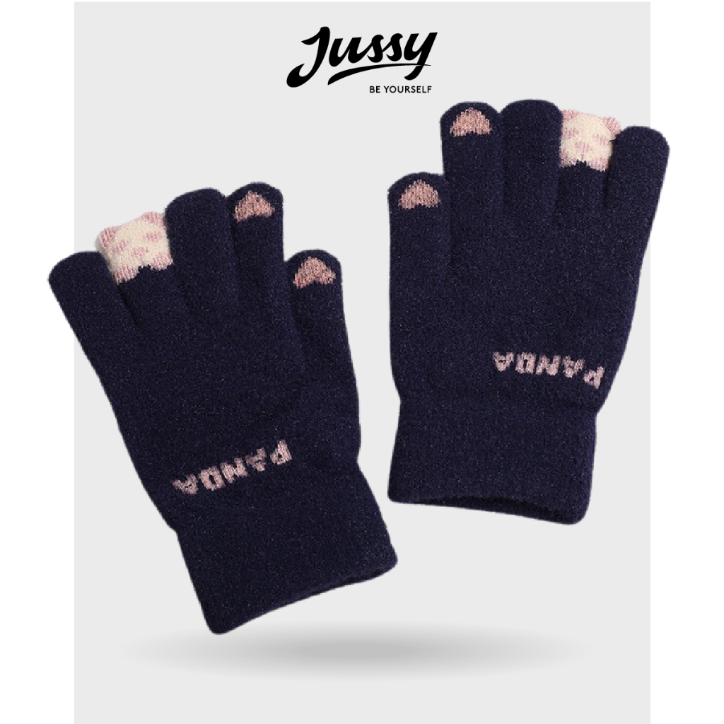 Găng Tay Len PanDa Dễ Thương JG08 Jussy Official Găng Tay Giữ Ấm Chống Gió Lạnh Thiết Kế Ngón Tay Cảm Ứng Chất Len Dày