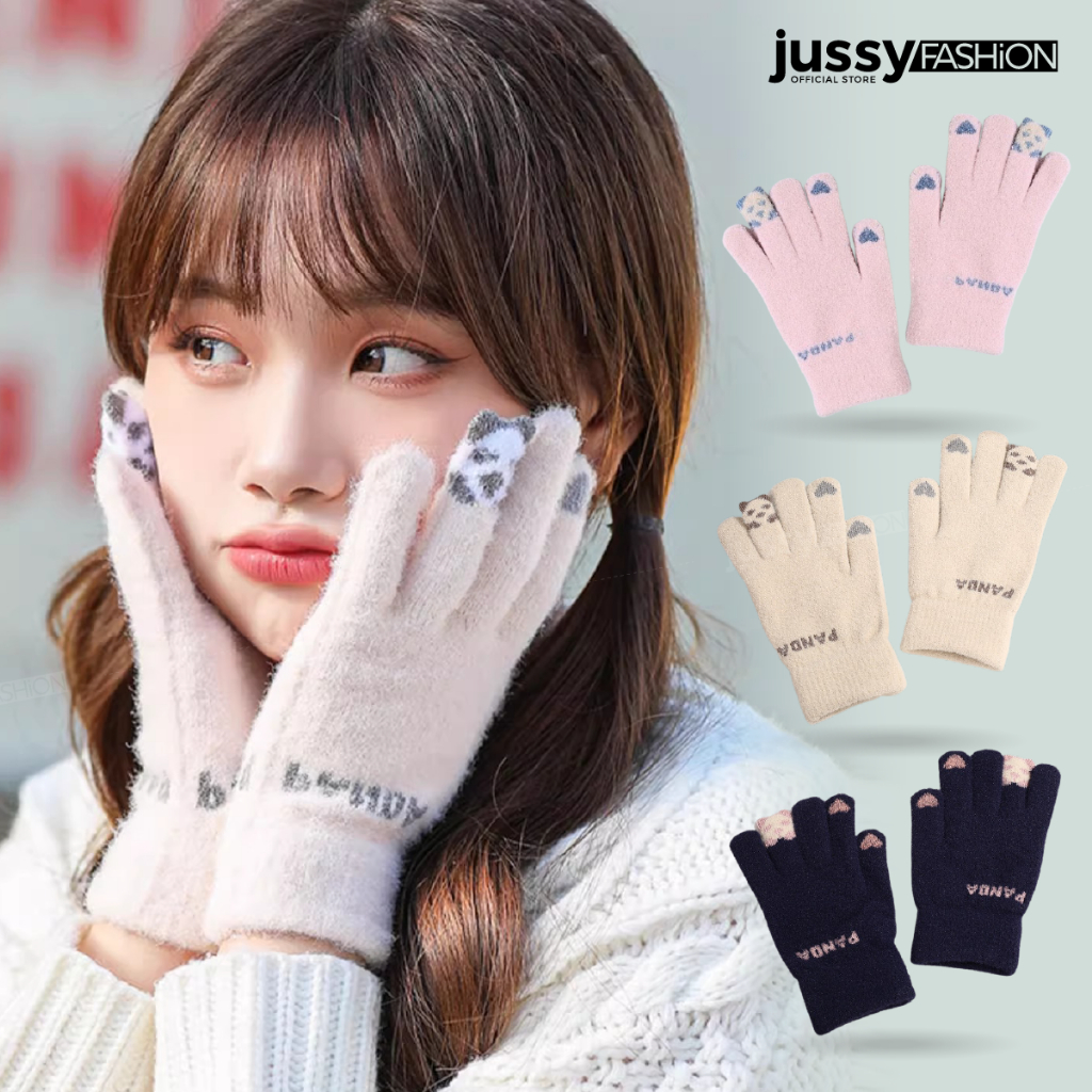 Găng Tay Len PanDa Dễ Thương JG08 Jussy Official Găng Tay Giữ Ấm Chống Gió Lạnh Thiết Kế Ngón Tay Cảm Ứng Chất Len Dày