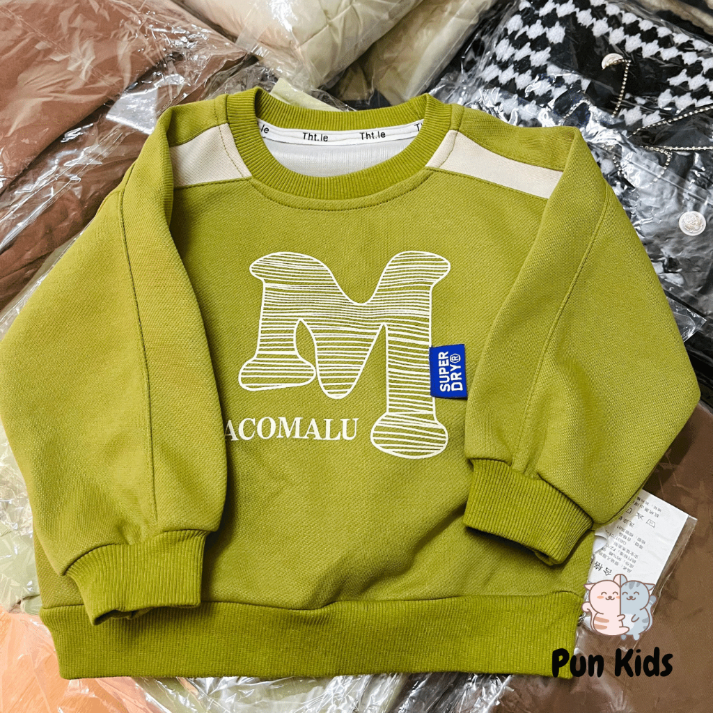 Áo sweater nỉ da cá chữ M cho bé trai bé gái từ 9-20kg