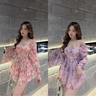 Đầm trễ vai mặc đi chơi, đầm hoa tay dài dây cổ chất vải voan cao cấp,