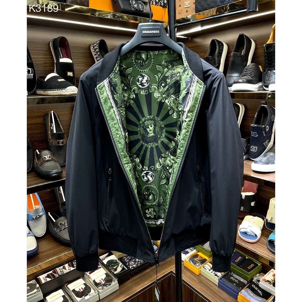 Áo khoác Bomber Jacket Dolce Gabbana 2 mặt hoạ tiết Xanh Đen LA on web