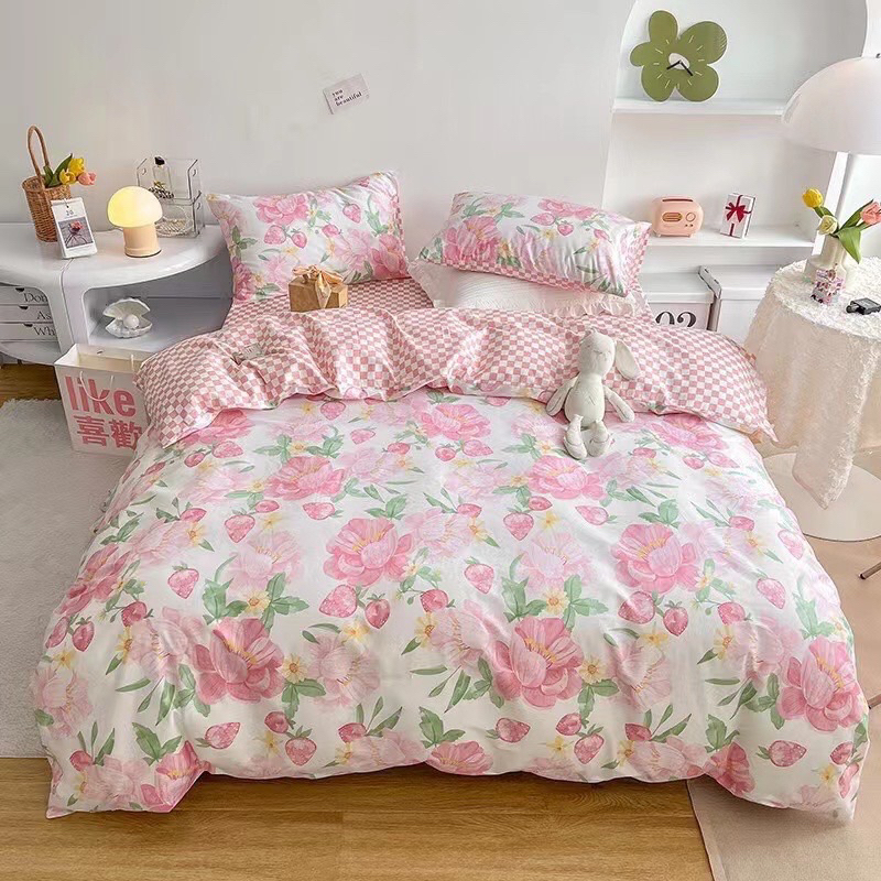 Bộ Chăn Ga Gối Cotton Living - 100% Cotton Họa Tiết Thổ Cẩm Xanh Xinh Xắn , Bộ Vỏ Chăn , Ga Giường , Vỏ Gối