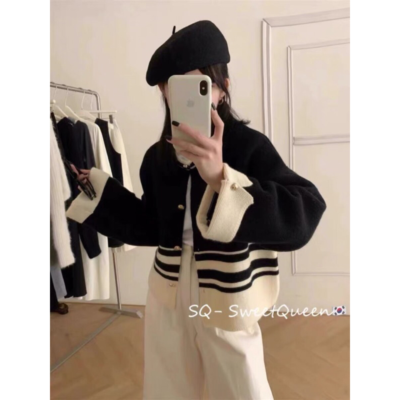 Áo len cardigan phối kẻ 2 màu freesize 23’September