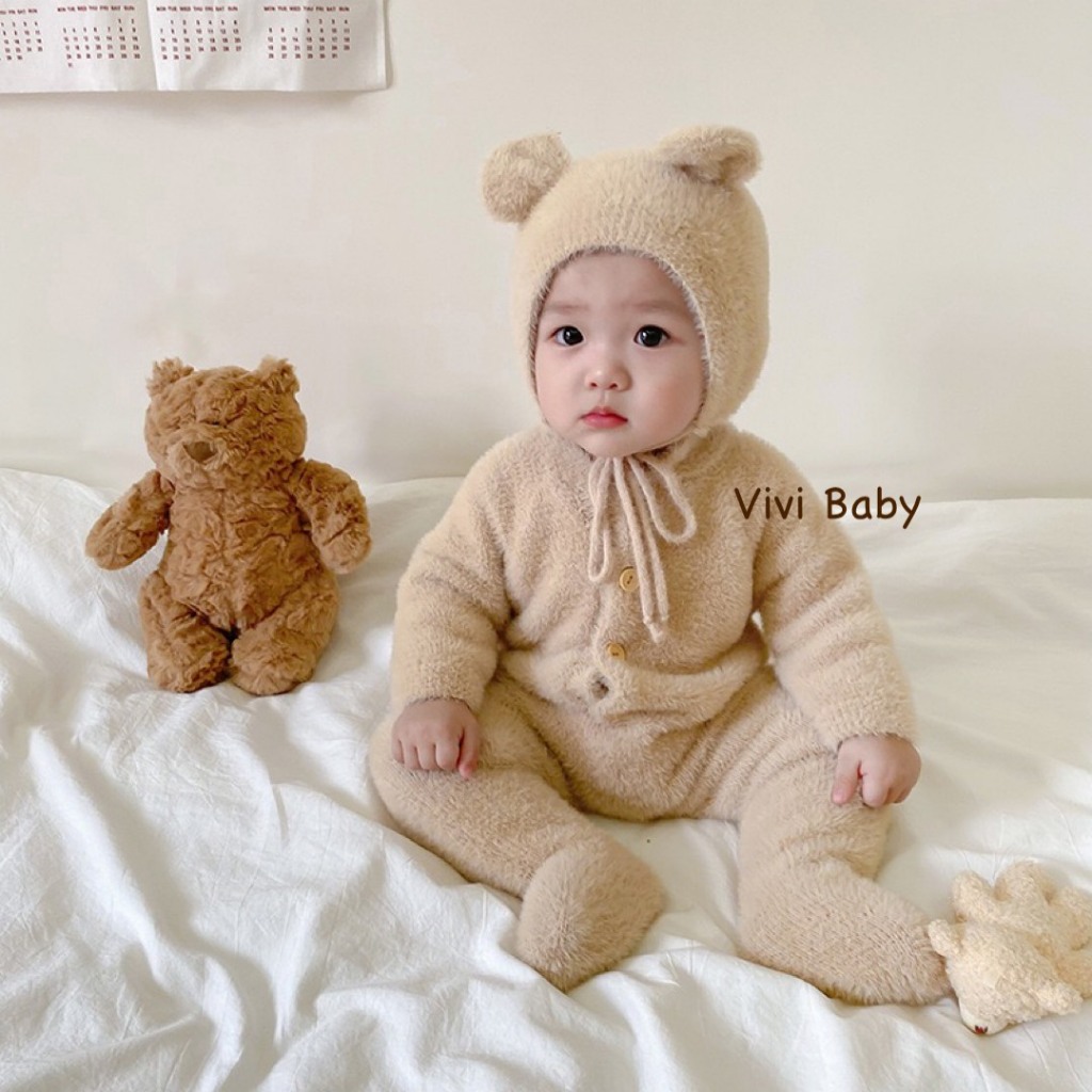 Body Len Lông Gấu Liền Thân Kèm Mũ Gấu cho bé yêu Vivi Baby