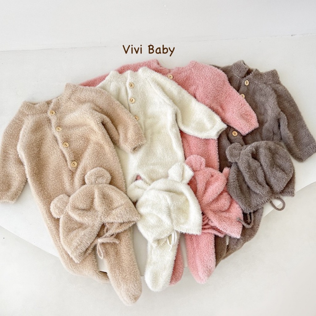 Body Len Lông Gấu Liền Thân Kèm Mũ Gấu cho bé yêu Vivi Baby