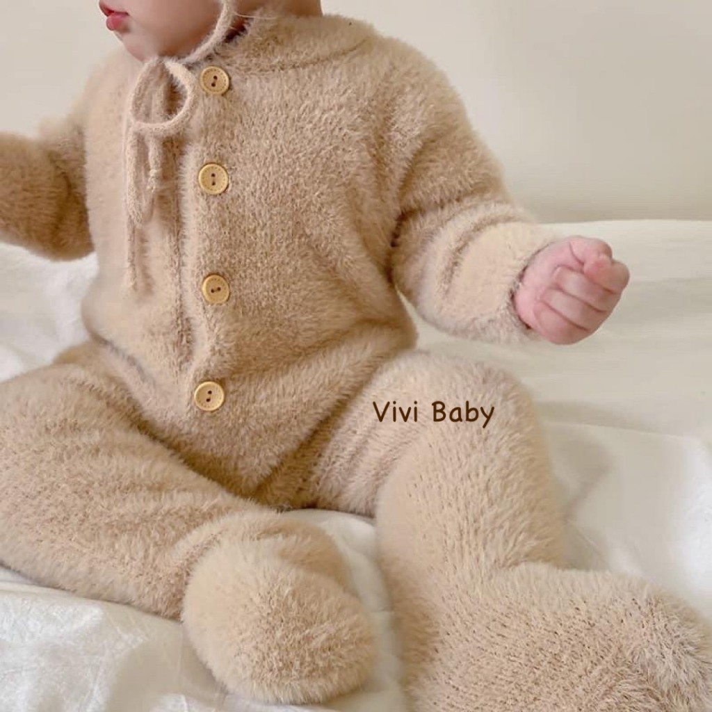 Body Len Lông Gấu Liền Thân Kèm Mũ Gấu cho bé yêu Vivi Baby
