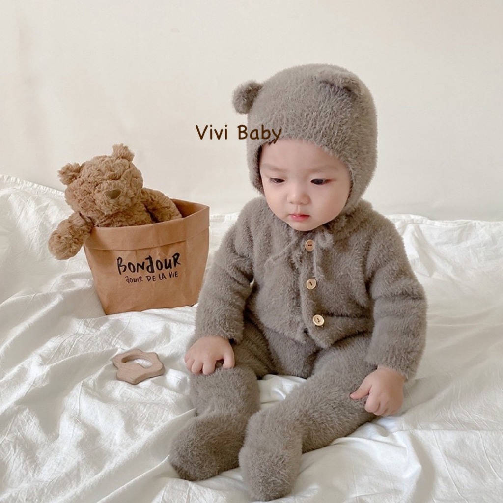 Body Len Lông Gấu Liền Thân Kèm Mũ Gấu cho bé yêu Vivi Baby