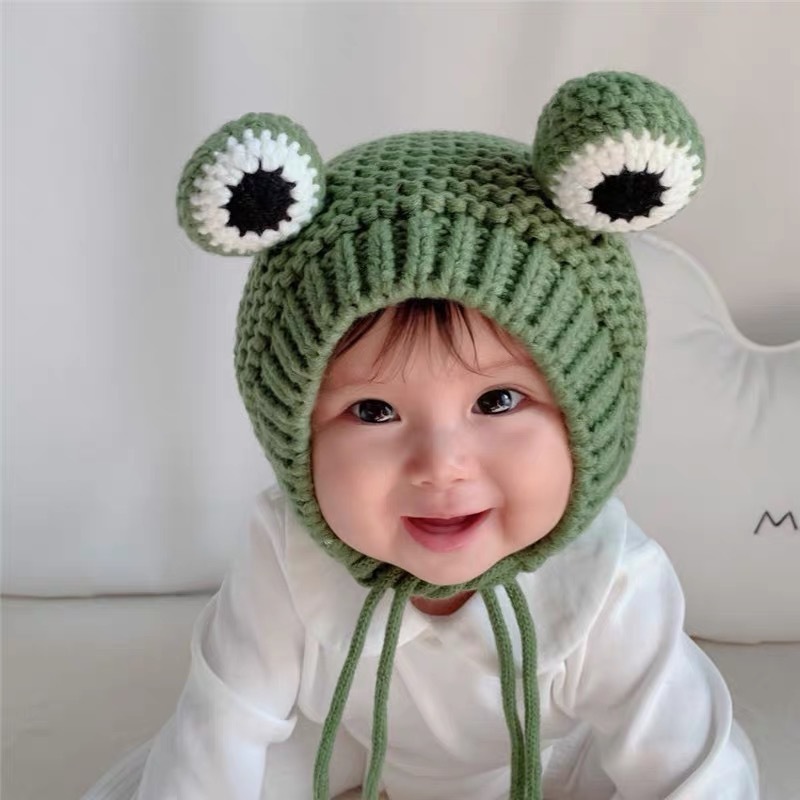 Mũ len hình ếch Trùm đầu giữ ấm cho bé 6 - 24 tháng Nón len ếch trùm đầu bịt trùm tai cho bé