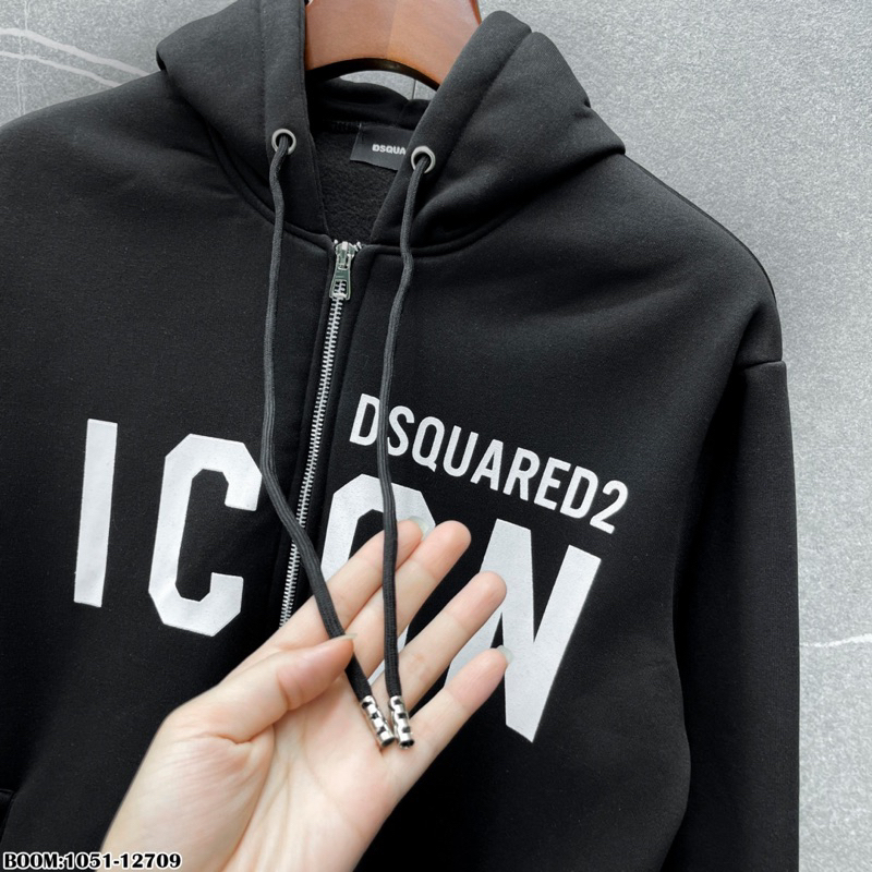 Áo khoác hoodie zip nam nữ Dsq2 nỉ bông in chữ ICON trắng ngang ngực bo ống dày dặn siêu hot phong cách cháy phố