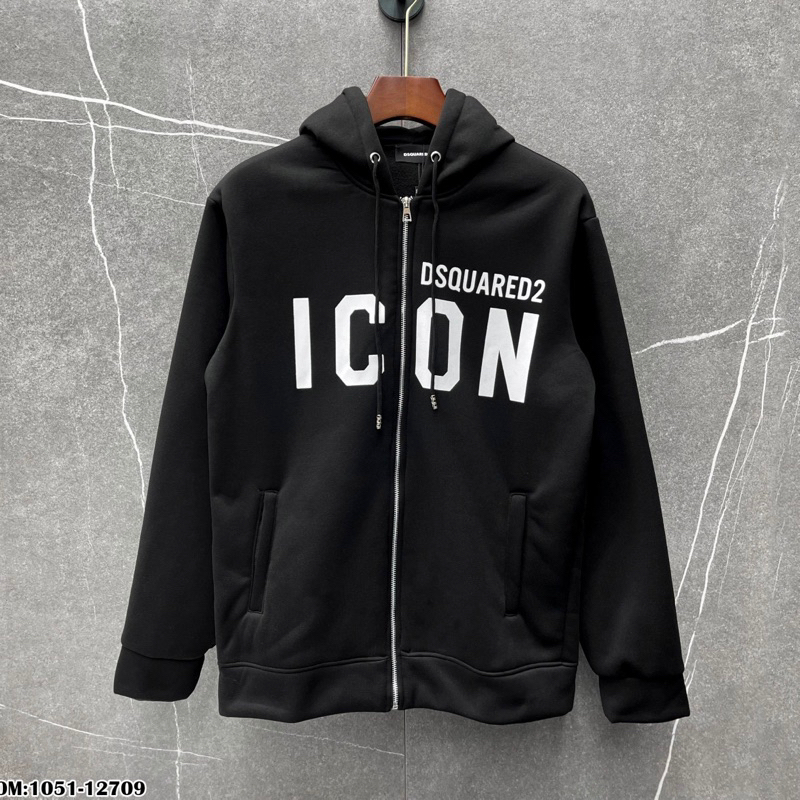 Áo khoác hoodie zip nam nữ Dsq2 nỉ bông in chữ ICON trắng ngang ngực bo ống dày dặn siêu hot phong cách cháy phố