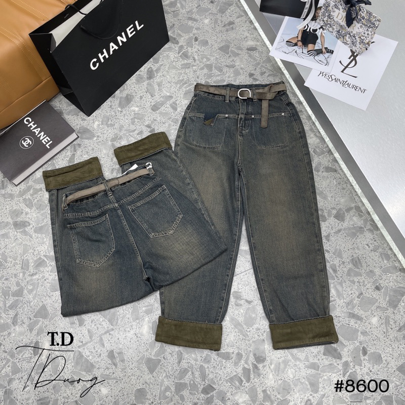 QUẦN BAGGY JEAN GẬP GẤU NÂU KÈM ĐAI 8600