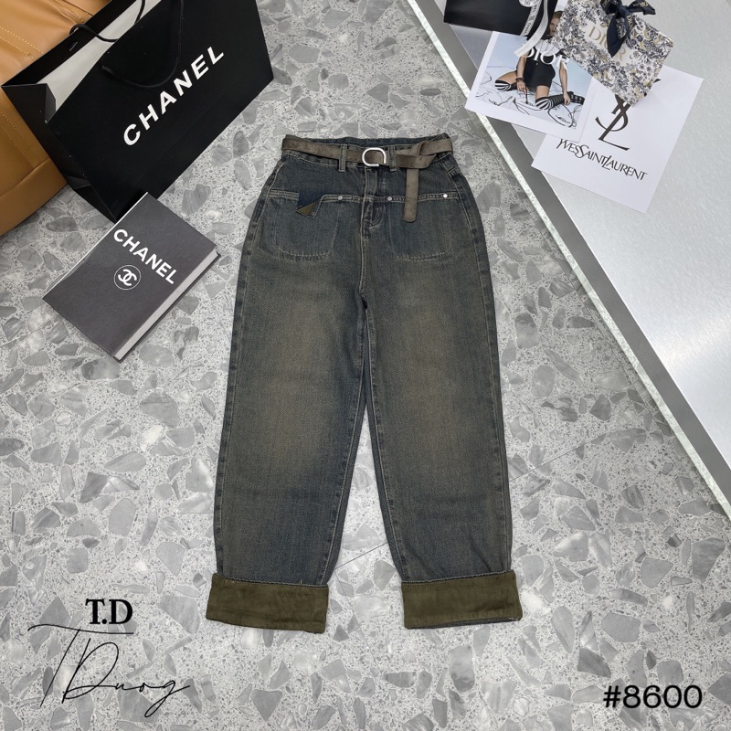 QUẦN BAGGY JEAN GẬP GẤU NÂU KÈM ĐAI 8600