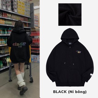 Áo hoodie zip khóa kéo phong cách basic cinder màu đen siêu dày