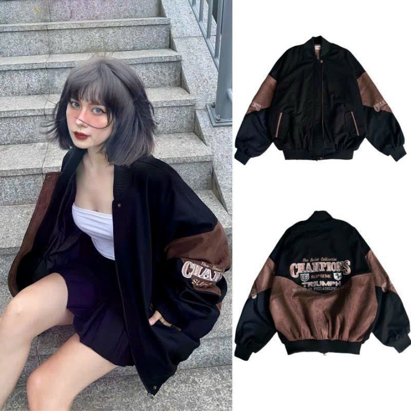 Áo Bomber Champion Dan Lộn Kiểu Dáng Form Rộng Nam Nữ, Áo Bomber Tay Bồng Thêu Sắc Nét