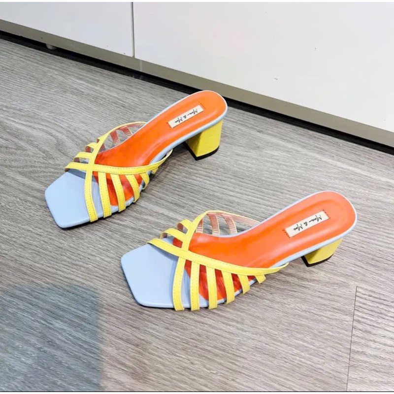 Dép H.M quai rọ da phối màu siêu xinh gót vuông 5 phân