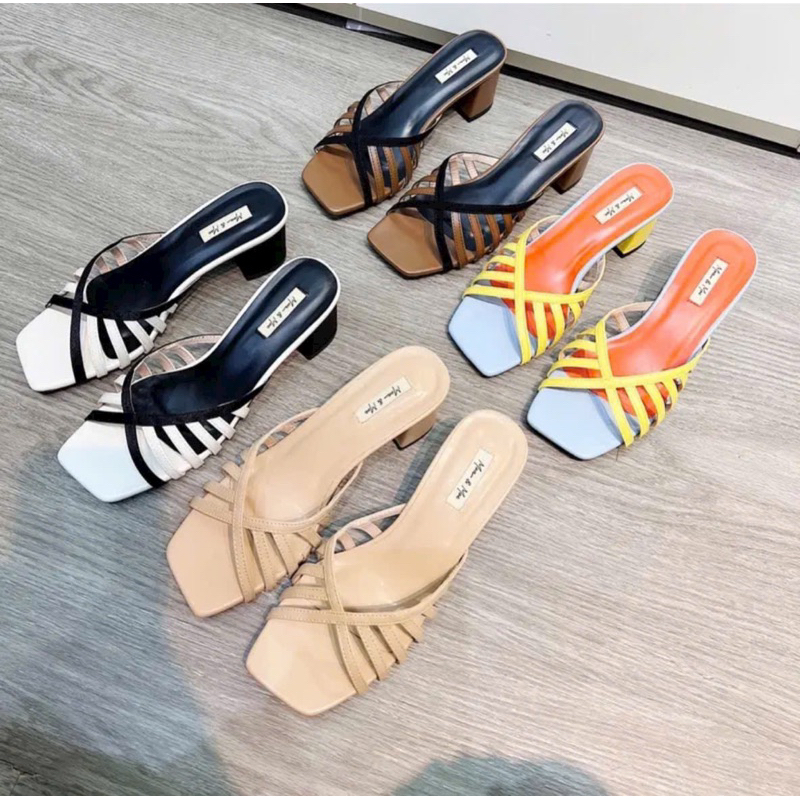 Dép H.M quai rọ da phối màu siêu xinh gót vuông 5 phân