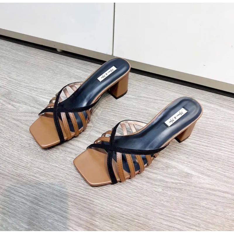 Dép H.M quai rọ da phối màu siêu xinh gót vuông 5 phân