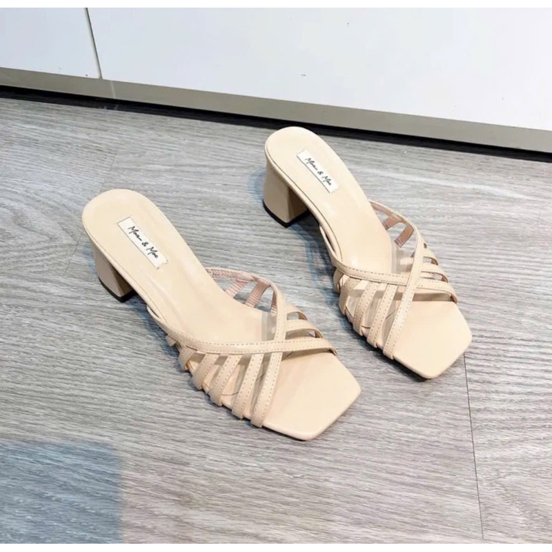 Dép H.M quai rọ da phối màu siêu xinh gót vuông 5 phân