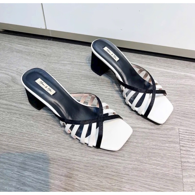 Dép H.M quai rọ da phối màu siêu xinh gót vuông 5 phân