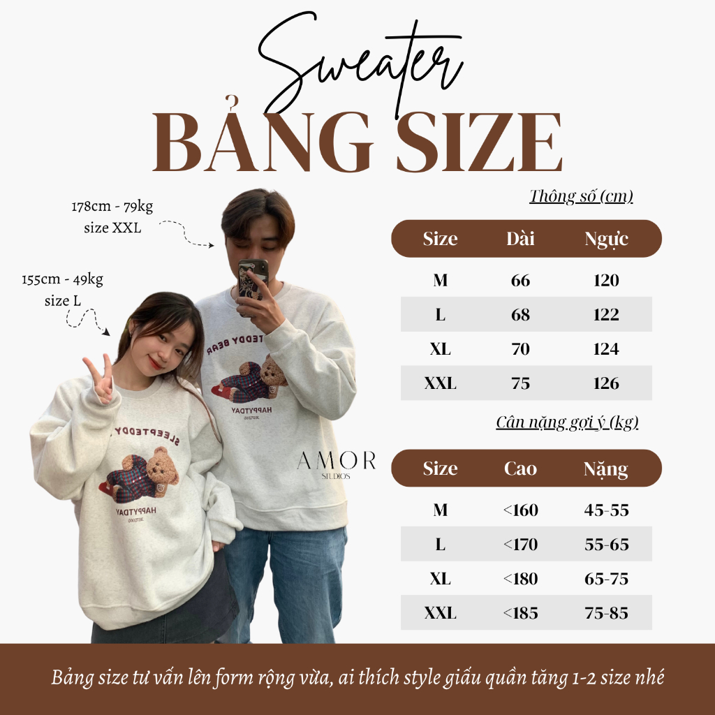 Áo sweater nỉ trơn lót bông AMOR STUDIO dày dặn unisex size tới 85kg