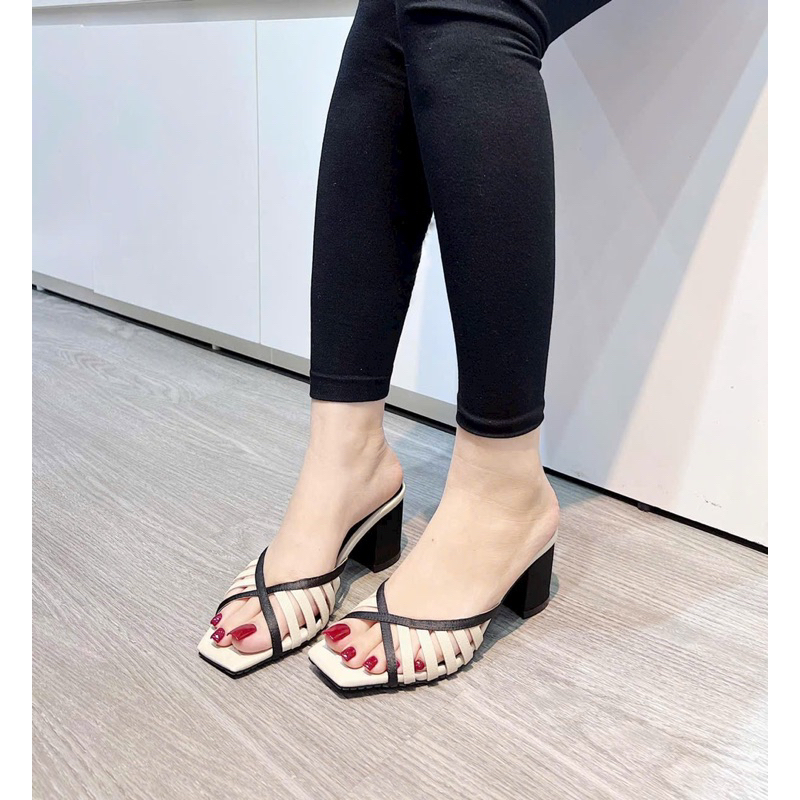 Dép H.M quai rọ da phối màu siêu xinh gót vuông 5 phân