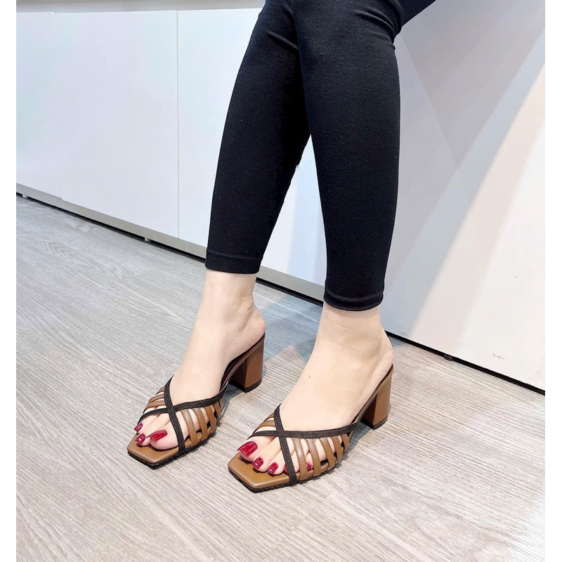 Dép H.M quai rọ da phối màu siêu xinh gót vuông 5 phân