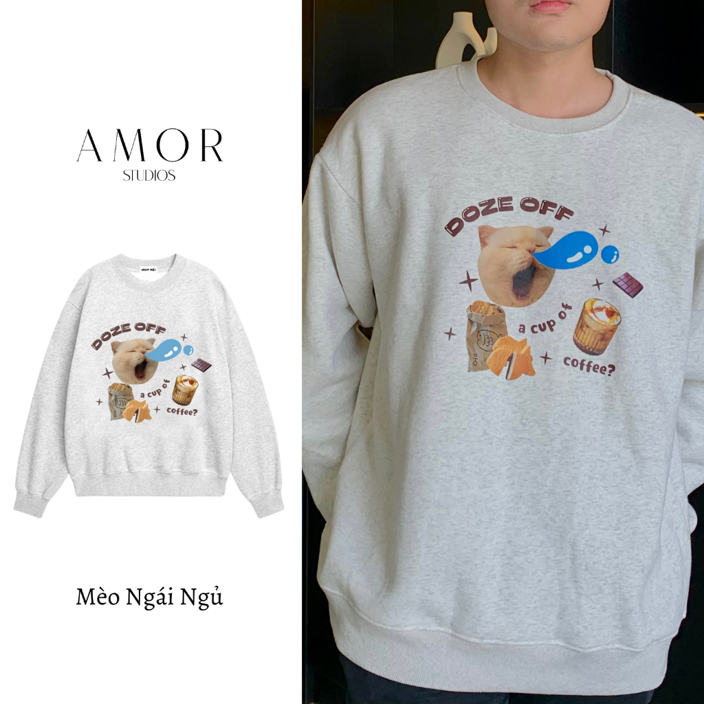 Áo sweater nỉ bông Mèo Ngái Ngủ unisex màu tiêu sáng AMOR STUDIO nam nữ mặc được có size tới 85kg