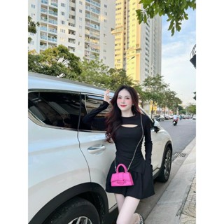 Sét bộ nữ mặc đi chơi mát mẻ chất thun gân áo cổ tròn khoét ngực tay dài phối chéo tà mix quần đùi ống rộng thời trang