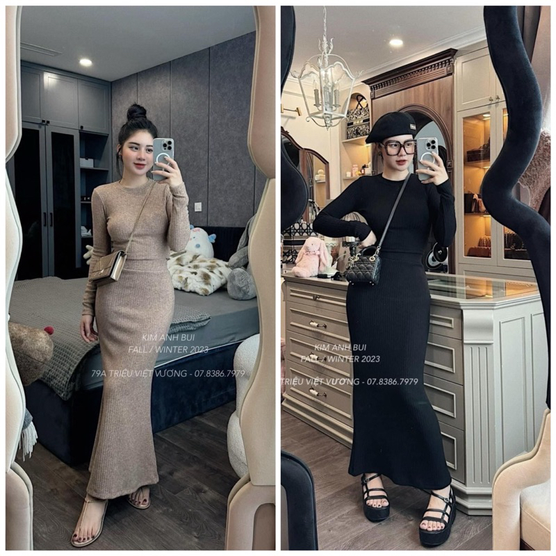 Sét áo len lông thỏ cổ tròn + chân váy đuôi cá