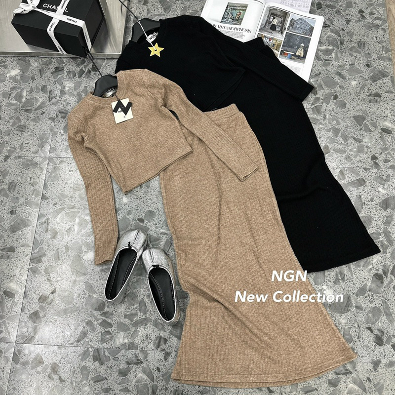 Sét áo len lông thỏ cổ tròn + chân váy đuôi cá