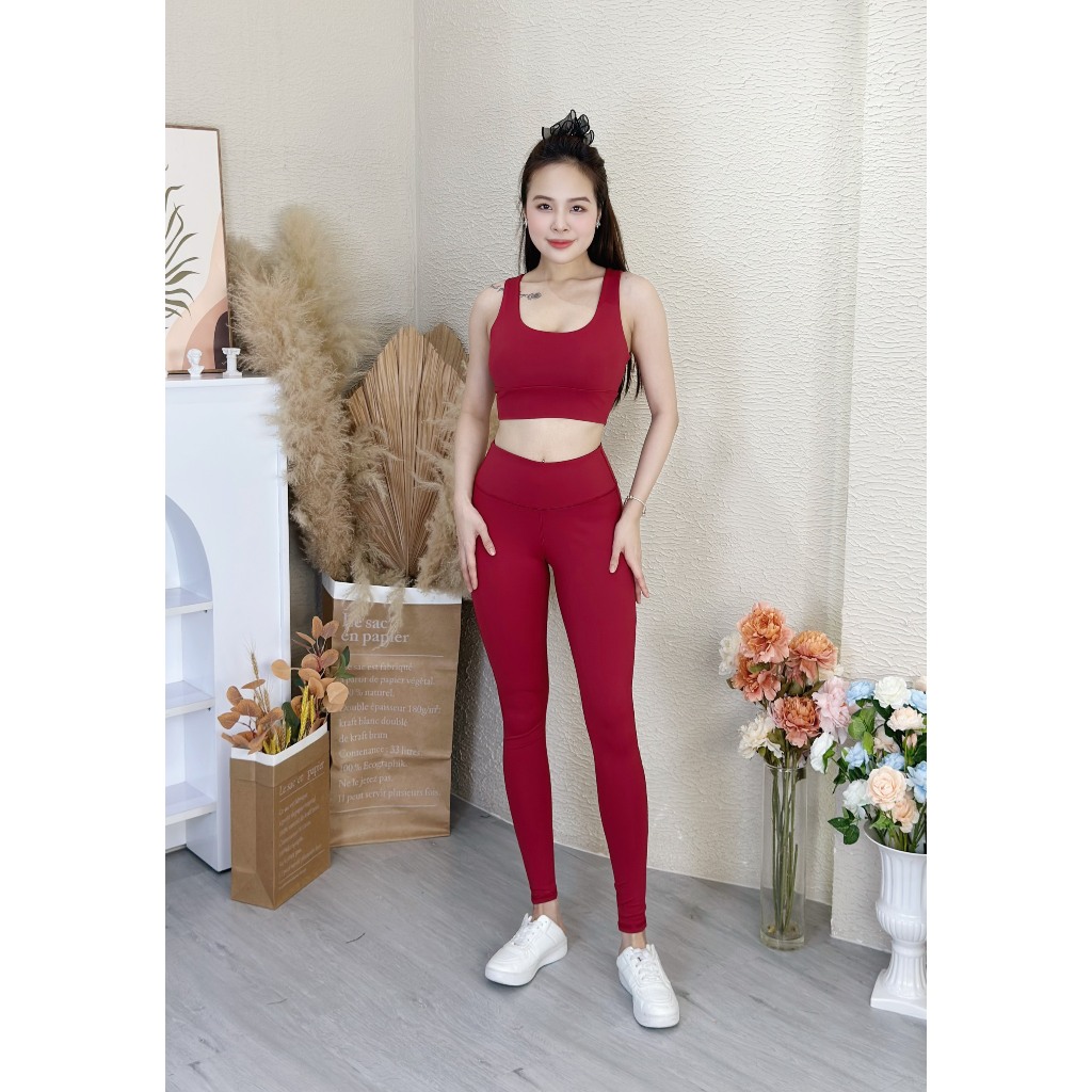 Bộ tập yoga, gym nữ quần dài áo dây lưng đan chéo có mút ngực chất thun co giãn tặng kèm mút- D30