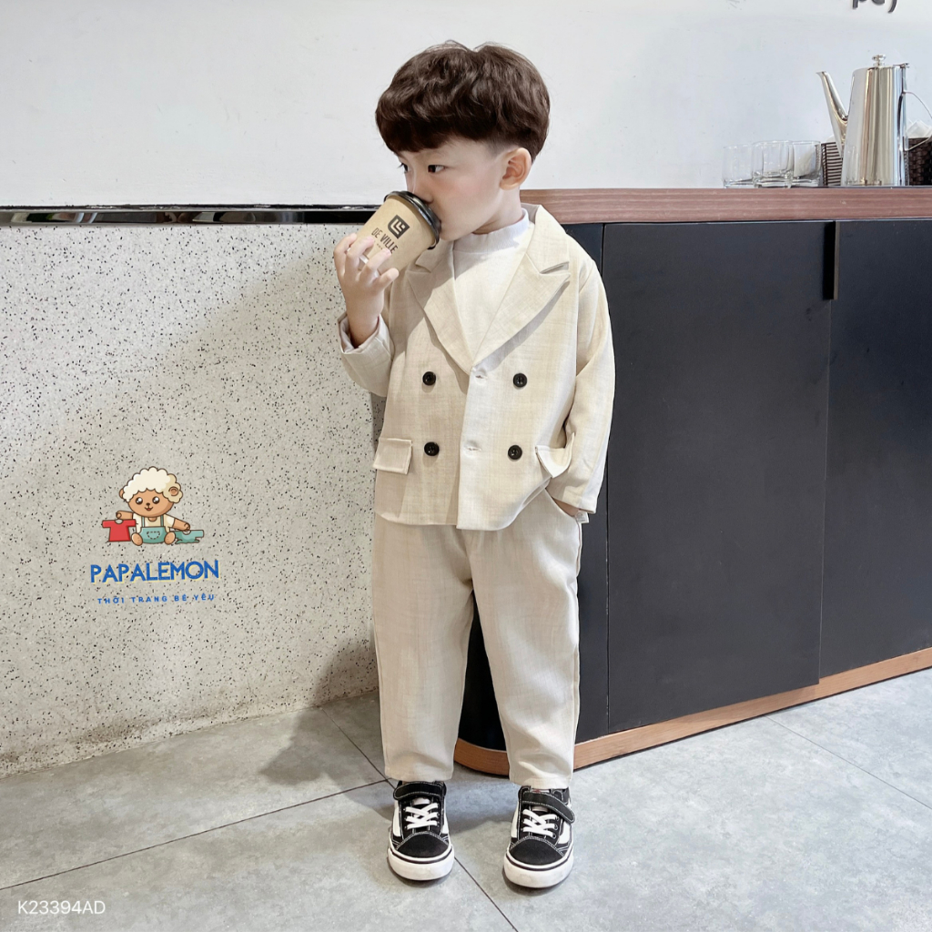 Bộ vest bé trai B075 vest bé trai chất liệu xước hàn không nhăn, vải mịn thiết kế năng động - PAPALEMON