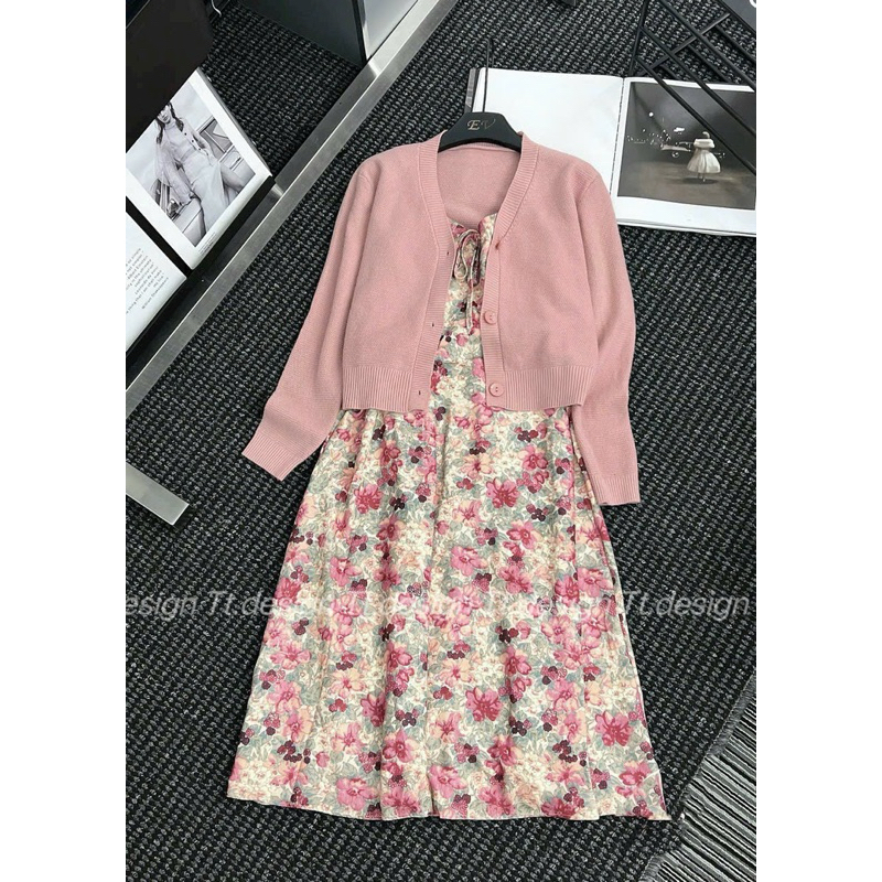 Váy cánh tiên hoa mix cardigan hồng QC